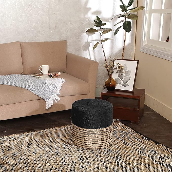REDEARTH · Cylindrical Pouf Ottoman - Braided Pouffe Accent Sitting Round Footrest for Living Room, Bedroom, Nursery, kidsroom, Patio, Gym; 70% Cotton 30% Jute, (14.5X14.5X16; Black Natural) REDEARTH