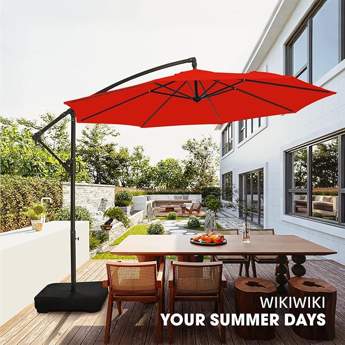 wikiwiki 10ft Patio Umbrella with Base Included, Outdoor Offset Cantilever Umbrella, Infinite Tilt, Crank and Cross Base, Light Red WikiwikiPatioUmbrellas