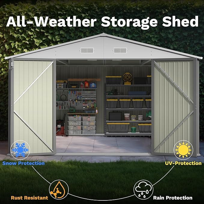 Patiowell 10x14 FT Outdoor Storage Shed, Large Metal Garden Shed with Lockable Door and Sloping Roof, Outside Steel Utility Tool Sheds for Backyard Lawn Garden Patio, Grey Patiowell