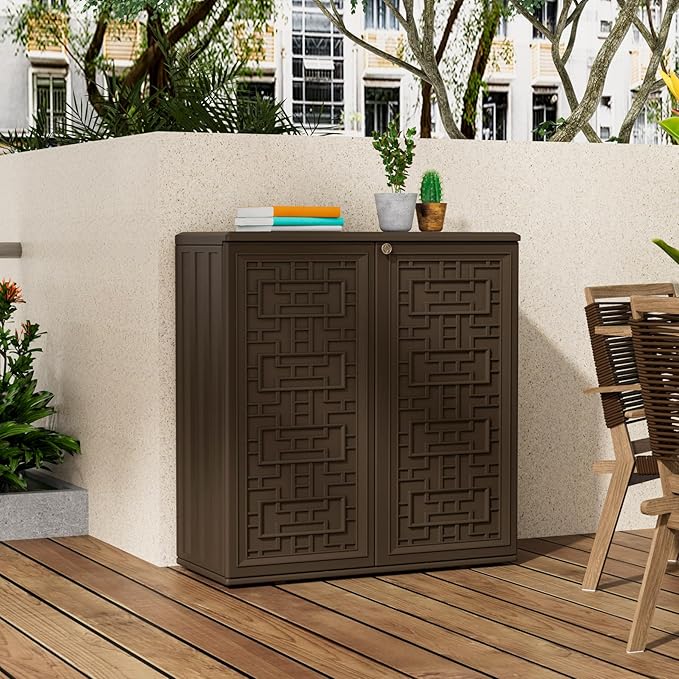 Storage Box Outdoor Caninet,Resin Indoor Storage Box Waterproof Outdoor Storage Cabinets for Patio/Garden/Backyard, Size 34.3''L*15''W*36.2''H(Brown) Mrosaa