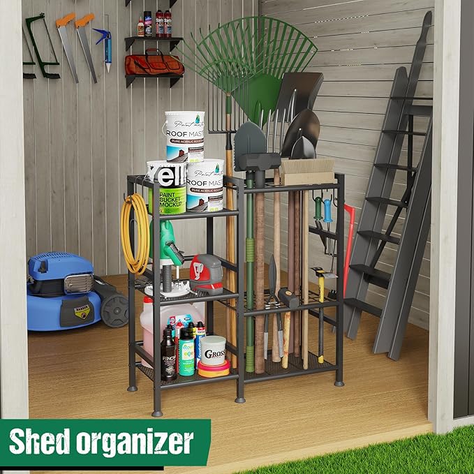keomaisyto Garden Tool Organizer for Garage Organization, 3 Tier Yard Tool Storage Rack with 35 Long-Handled Tool Slots, Heavy Duty Garden Tool Holder with Large Hooks for Shed, Yard, Garage keomaisyto