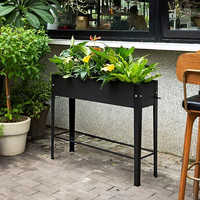 Piksedo Raised Garden Bed, Elevated Planter Metal Plant Box with Legs Standing Garden Stand Drainage Holes Frosted Black VEOAY