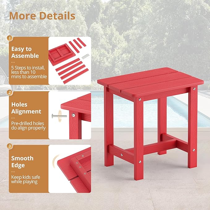 LUE BONA Outdoor Side Table, HDPS Small Outdoor Adirondack Side Tables, Outside End Table for Patio, Porch, Deck, Pool, Weather Resistant/Easy Maintenance,Bright Red LUEBONA