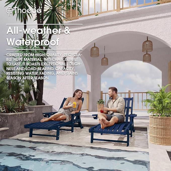 Patio Chaise Lounge Chair Set of 4, Oversized Lounge Chair Outdoor with 5 Positions, HDPE, Patio Lounge Chair with Wheels & Cup Holder for Pool, Deck, Poolside,Navy Blue THOEOE
