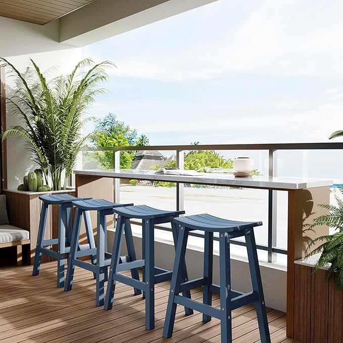 Stoog All-Weather Bar Stools Set of 4, 28" Height Outdoor Bar Stools, Low Maintenance, for Patio, Deck, Kitchen Counter, and Garden, Blue Stoog