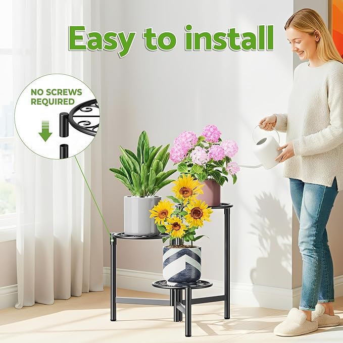 Metal Plant Stand Outdoor Indoor, 3 Tier Foldable Corner Tall Plant Shelf for Multiple Plants Flower Pot Holder Display Stand for Living Room Balcony Garden Patio -BlackS Rootora