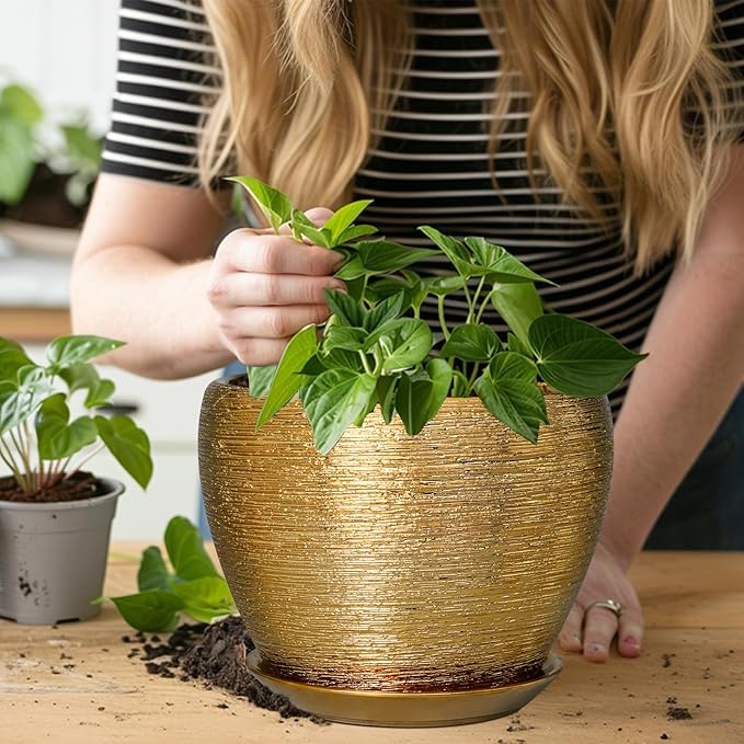 Ceramic Plant Pot 8 Inch - Planter for Outdoor Plants Indoor Plant Pot with Drainage Hole and Saucer Decorative Round Planter Modern Flower Pot for House Decor Gold Ceramicfor
