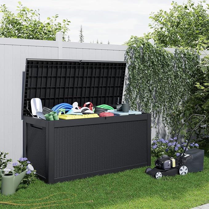 ROJIK Outdoor Storage Housing Deck Box - Waterproof Patio Furniture, Garden Tools, Cushions, Pool Accessories Storage Bench with Lockable Lid and Side Handles (Black, 315 Gal) ROJIK