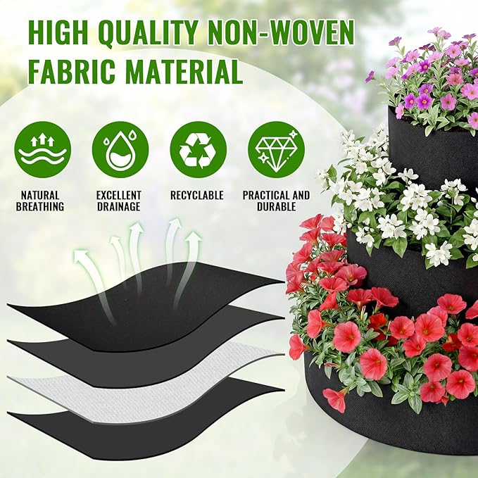 3 Tiered Strawberry Planter for Outdoor Plants, 23.6 Inch Heavy Duty Strawberry Garden Planter Grow Bags, Breathable Non Woven Fabric Raised Garden Bed for Vegetables Flower Herbs Gardening Rootora