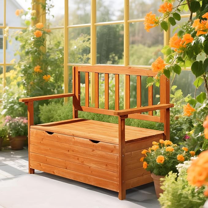 VINGLI Outdoor Storage Bench, Large Wood Deck Box with Seating, Weatherproof Outdoor Bench with Storage Loveseat, 2-Person Wooden Patio Bench for Entryway, Backyard, Garden VINGLI