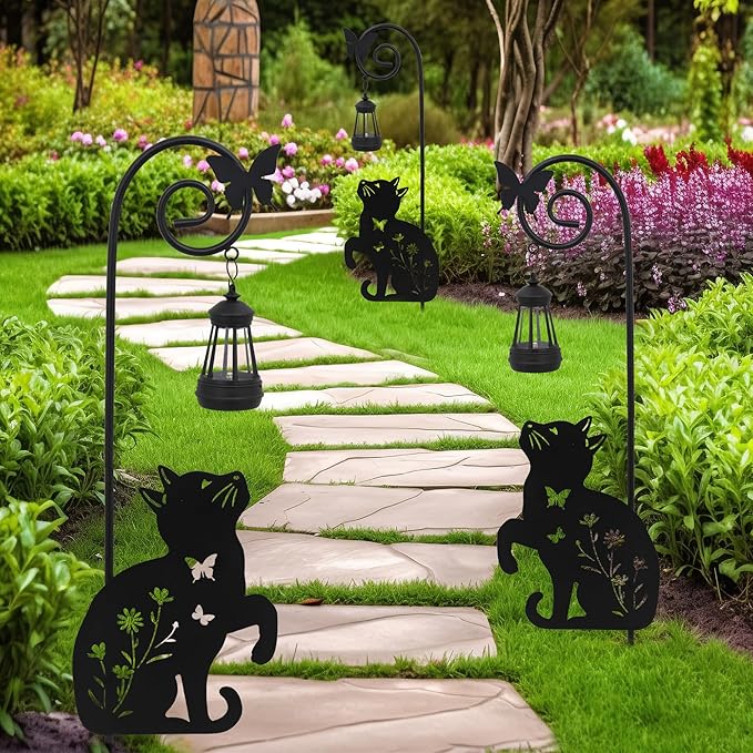 Solar Cat Lantern Garden Stakes - Outdoor Decorative Solar Lights for Yard, Patio, Pathway - Weatherproof Metal Cat Stake with Auto Night Lighting Rootora