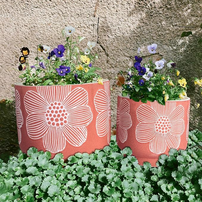 YBX 8 Inch + 6 Inch White Flower Pattern Plant Pots, Sand Glazed Ceramic Planter with Drainage Hole, Flower Pots for Indoor Plants, Red YBXYIBOXUAN