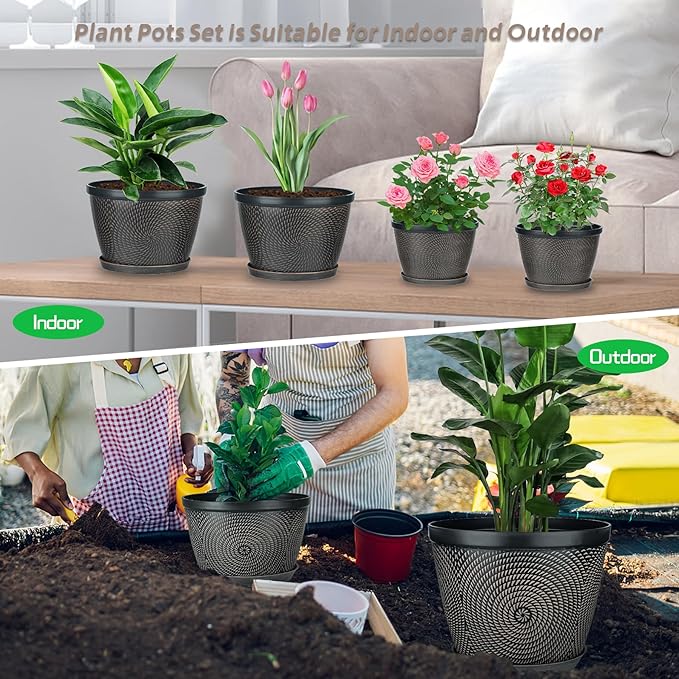 Quarut 4 Pack 8 Inch Flower Pots for Outdoor Indoor, Plastic Plant Pots with Drainage Hole & Saucer, Lightweight Small Flower Pot, Circle Pattern Planters for Garden House planters(Brown) Quarut