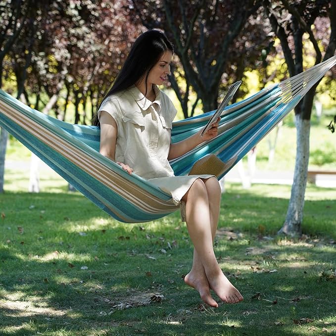 Brazilian Hammock with Tree Straps - Canvas Hammocks Portable Hammock with Carry Bag for Backyard, Porch, Outdoor and Indoor Use Blue & Green INNOSTAGE