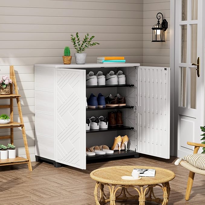 ZZM Indoor/Outdoor Storage Cabinet Waterproof, 34"x15"x34" Plastic Outdoor Storage Box for Garden Balcony Bathroom, All Weather Outdoor Storage Clearance, DIY Usage, with 2 Shelf (White) ZZM