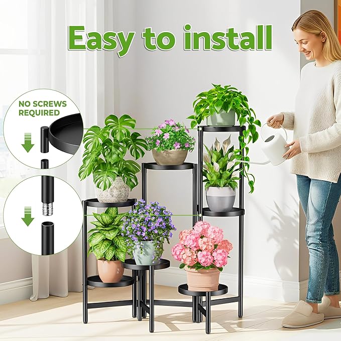 7 Tiered Metal Corner Plant Stand Indoor Outdoor, Tall Large Folding Rack with Rust Proof 7.9 Inch Wide Tray, Heavy Duty Flower Shelf for Multiple Plants for Patio - BlackDisk Rootora