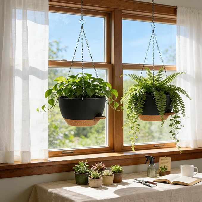 13 Inch 2 Pack Large Self Watering Hanging Planters for Indoor Outdoor Plants, Hanging Plant Pots with Removable 50 Oz Reservoir, Plastic Hanging Basket for Window Porch Garden, Black with Brown UOUZ