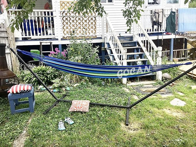 Brazilian Double Hammock 2 Person Extra Large Canvas 250x160cm Total Length 350cm Load 500lb Cotton Hammock for Garden Outdoor and Indoor Blue/Green(98 * 65'') GOCAN