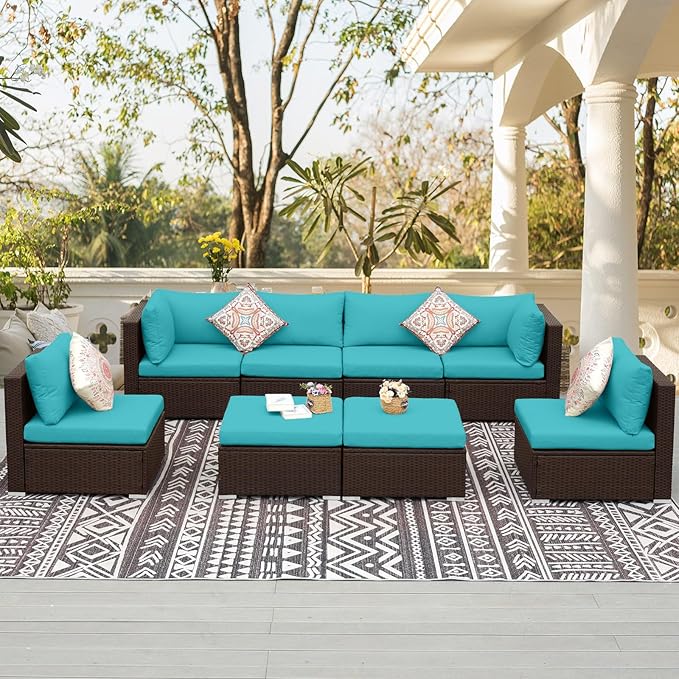 NICESOUL 8 Piece Outside Furniture Set, 29.3'' High Back Deep Seating Wicker Patio Modular Sectionals, Oversized Modern Comfy Conversation Sets for Backyard, Brown Rattan and Teal Cushion NICESOUL