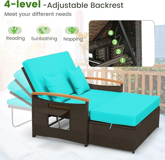 Tangkula Patio Rattan Daybed with 4-Level Adjustable Backrest, Outdoor Wicker Loveseat with Acacia Wood Armrest, Storage Ottoman & Folding Tray, Double Sunbed for Balcony, Yard & Poolside (Turquoise) TANGKULA
