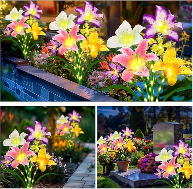 6 Pack Solar Garden Lights LED Solar Lilies Flower Lights, Yard Patio Pathway Decoration High Flexibility Copper Wire Handmade Silk Artificial Flowers Never Wither, Gift for Family, Friends yulloyello