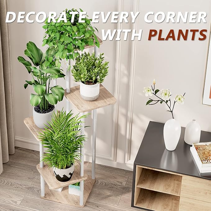 AZERPIAN Plant Stand 5 Tier Indoor Metal Flower Shelf for Multiple Plants Corner Tall Flower Holders for Patio Garden Living Room Balcony Bedroom, Black (5 Tier-White) AZERPIAN