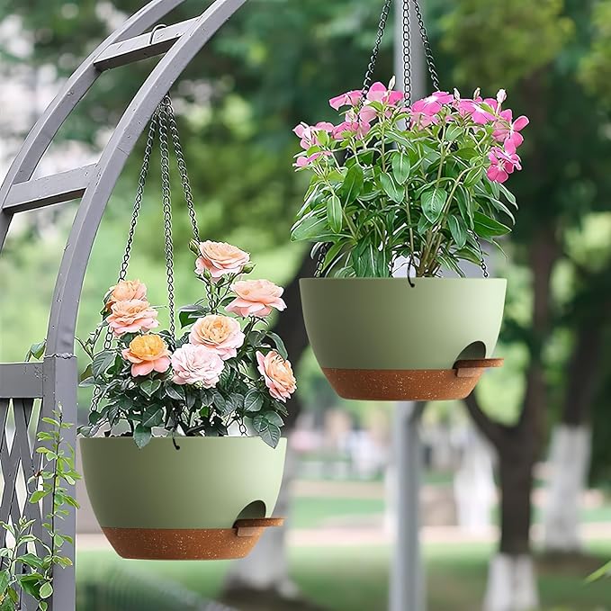 Set of 3-10 Inch Self Watering Hanging Planters for Indoor & Outdoor,Hanging Plant Pots with Drainage & Removable Tray, Hanging Pots Holder for Ivy, Ferns, Balcony & Patio, Green and Brown UOUZ