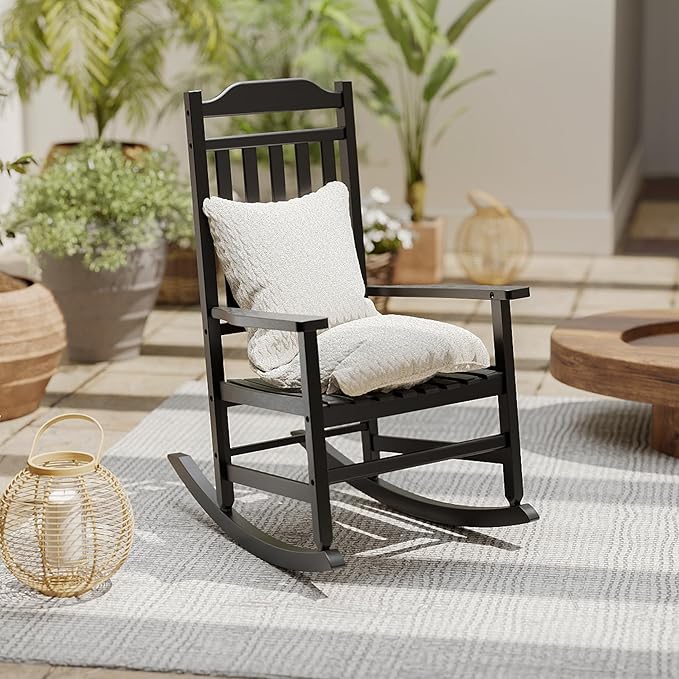 Patio Rocking Chair Outdoor Set of 1,Weather Resistant Poly Resin Oversized Porch Rocker,High Back Smooth Design,350lb Weight Capacity,Indoor Outdoor Use GYMHILL
