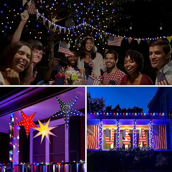 66Ft 200 LED Red White and Blue Fairy Lights Plug in, July 4th Waterproof String Lights 8 Modes with Timer for Indoor and Outdoor, American Flag Twinkle Lights for Independence Day, National Day BHCLIGHT