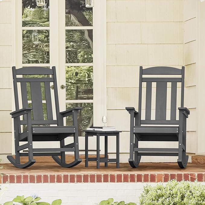 LUE BONA Outdoor Rocking Chairs Set, 3-Piece, HDPS Poly Porch Rockers with Table, Plastic Weather Resistant Rocking Chair Set for Outdoor Indoor, Garden, Backyard, 350lb, Gray Chairs+Table LUEBONA