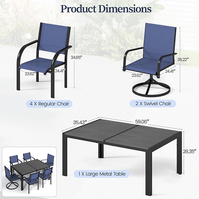 7-Piece Outdoor Patio Dining Set for 6, 59” Table with 4 Textilene Dining Chairs & 2 Swivel Chairs, Patio Furniture Set with Durable Metal Frame for Backyard Garden, Deck, and Poolside (Blue) SEGMART