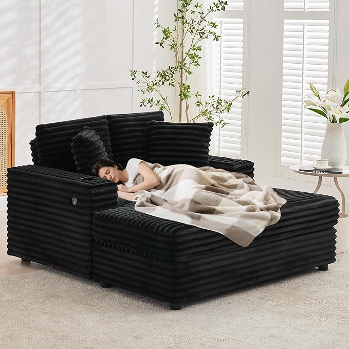 GarveeHome Oversized Chaise Lounge Chair Indoor, 56x60 in Comfortable Corduroy Lounge Sofa with Charging Ports & Cup Holders, Cozy Reading Couch for Bedroom Living Room Apartment, Black GarveeHome