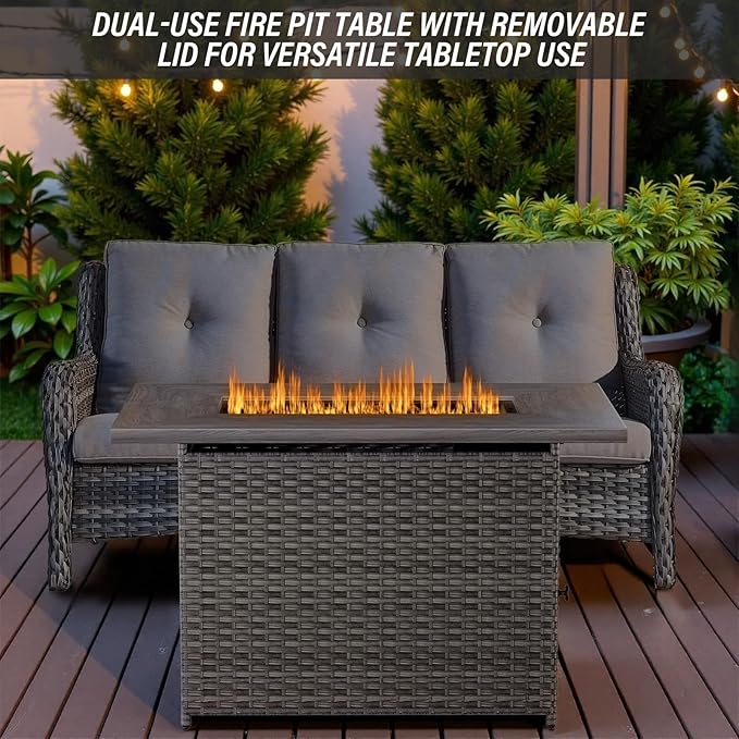 Belord Outdoor Sectional Sofa with 41" Propane Fire Pit Table - 9 Piece Patio Conversation Set with Storage Box and Swivel Rocker Chairs All-Weather PE Wicker Furniture Set Gray Belord