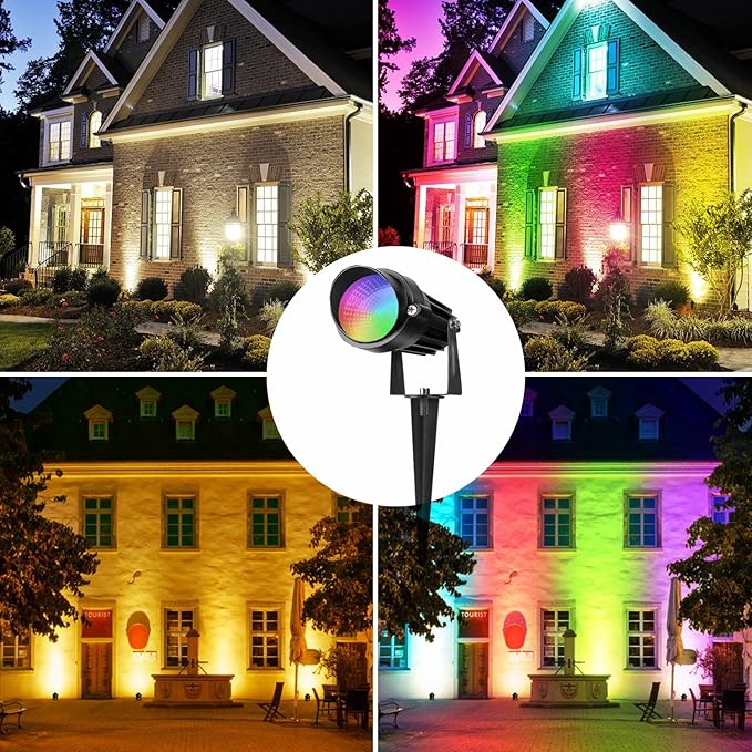 Color Changing Spotlight with Timer, 12W RGB Color Changing Spot Lights, LED IP65 Landscape Waterproof Outdoor Lights, Metal Case Spiked Stand for Garden Houses Trees Decorative(2 Pack) kooplicht