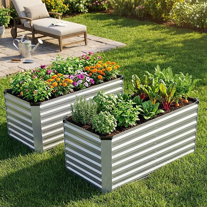 INNO STAGE 4x2x2ft Galvanized Raised Garden Bed, Raised Garden Bed Kit-Metal Planter Box Outdoor, Planting for Vegetables, Fruits, Herbs, Flowers, Silver INNOSTAGE