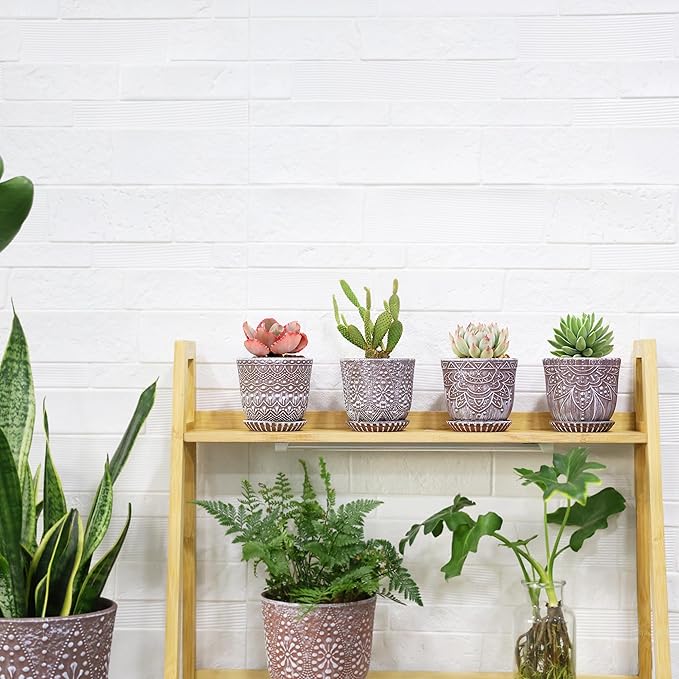 Gepege Succulent Pots, 4 Inch Small Indoor Ceramic Planter Pot with Drainage Holes and Saucers for Plants - Set of 4 Gepege