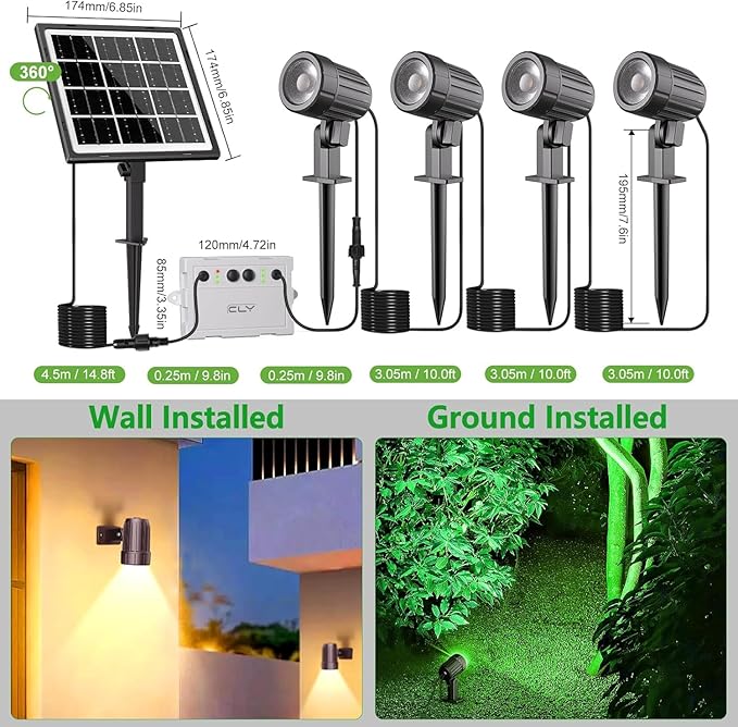 CLY 4-in-1 Solar Spot Lights Outdoor Color Changing, Solar Landscape Spotlights RGB Lighting IP66 Waterproof 45.93ft Cable Auto ON/Off Adjustable Garden Spotlight for Yard, Garden, Pool, Lawn, Statue CLY