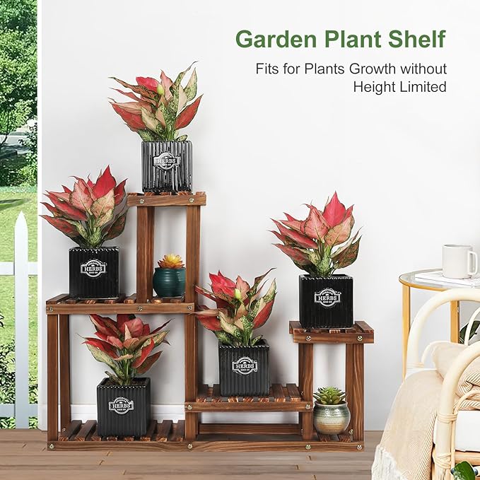 Pine Wood Plant Stand Indoor Outdoor Multi Layer Flower Shelf Rack Higher and Lower Plant Holder in Garden Balcony Patio Living Room (4 Tiers ) COOGOU
