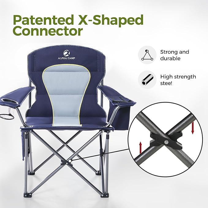 ALPHA CAMP Heavy Duty Camping Chair 500LBS Capacity, Oversized Folding Chair for Heavy People, Padded Portable Outdoor Chair with Cooler Bag & Cup Holder for Camping, Fishing, Beach ALPHACAMP