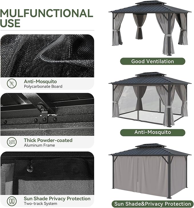 Aoxun 10'x12' Hardtop Gazebo, Aluminum Frame Canopy with Double Galvanized Steel Roof, Outdoor Metal Pavilion with Netting, and LED Outdoor Waterproof Hanging Lights Aoxun