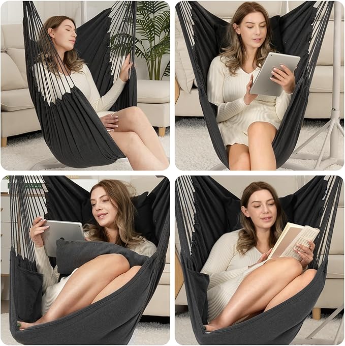 Y- STOP Hammock Chair Hanging Rope Swing Chair, Max 500 Lbs, 2 Seat Cushions Included, Removable Steel Spreader Bar with Anti-Slip Rings, Hardware kit-for Indoor Outdoor(Dark Grey) pcs Y-STOP
