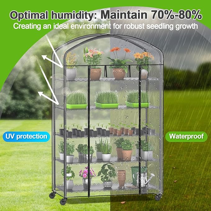Abimars 5-Tier Greenhouse with Caster Wheel, Each Shelf Height Adjustable Metal Plant Shelf with PVC Cover for Seed Starting Trays, Seedling Pots, Plant Pots, 21x49x80inch Abimars