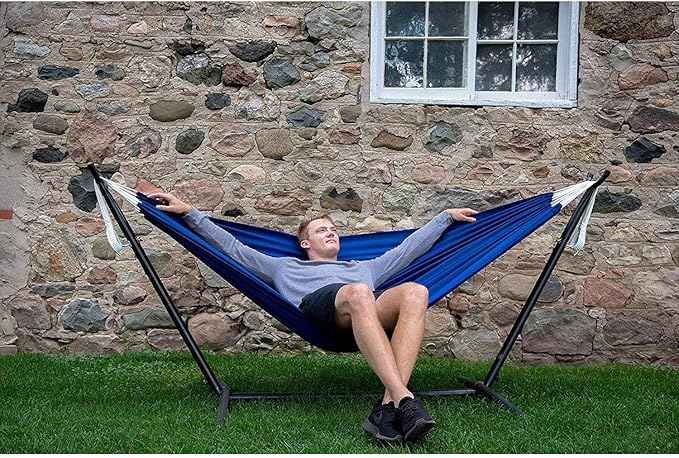 Vivere Double Polyester Hammock with Space Saving Steel Stand and Premium Carry Bag - 450 lb Capacity (Royal Blue) Vivere