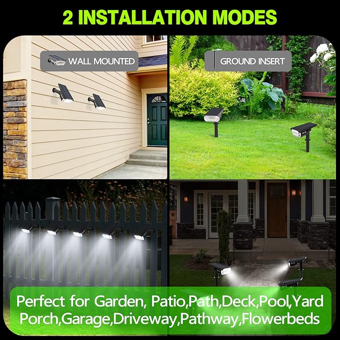 Solar Spot Lights Outdoor 1000 Lumens, 64 LEDs IP67 Waterproof Landscape Lighting with 4 Modes - 2-in-1 Solar Spotlight & Pathway Light for Garden, Yard, Patio Decor, 4 Pack AOUNQ