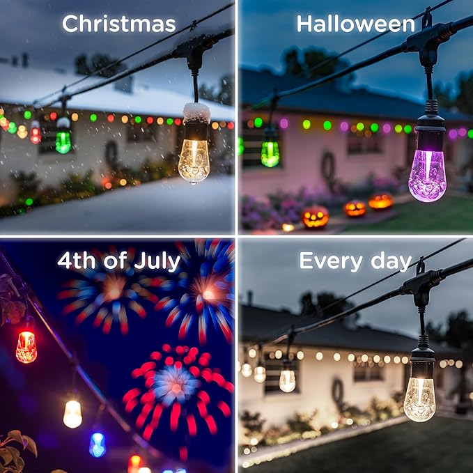 Enbrighten Vintage Outdoor String Lights, 24ft, 12 RGB Acrylic Bulbs, Weatherproof, RF Remote Control, Perfect for Holidays, Gameday, Parties, and More, 37791 Enbrighten