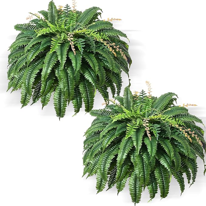 49” Artificial Ferns for Outdoors Planter, 128 Leaves per Fern, Set of 2, Large Lush Fake Boston Ferns Hanging Plants, UV Resistant Faux Greenery for Porch Patio Garden Home Decor Indoor Outdoor FAJUNZH
