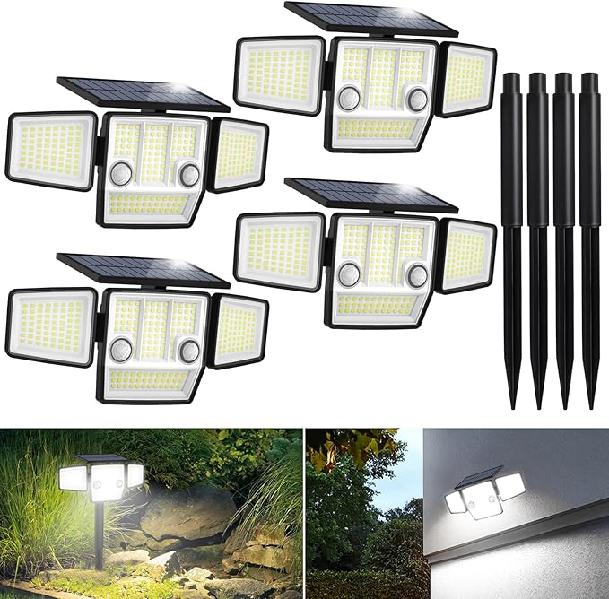 Solar Lights Outdoor, In-Ground or Wall Mount, 180° PIR Motion Sensor, 236 LED 2500 Lumens 360° Illumination Solar Security Flood Light, Dusk to Dawn, 3 Modes, IP65 Waterproof, 4 Pack HAARAY