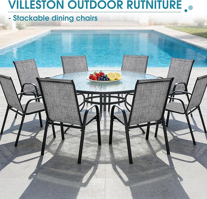 Outdoor Stackable Chairs Set of 8, Stacking Patio Chairs with Textilene Fabric, Outside Furniture for Garden Backyard Balconie Poolside Deck, Grey Villeston
