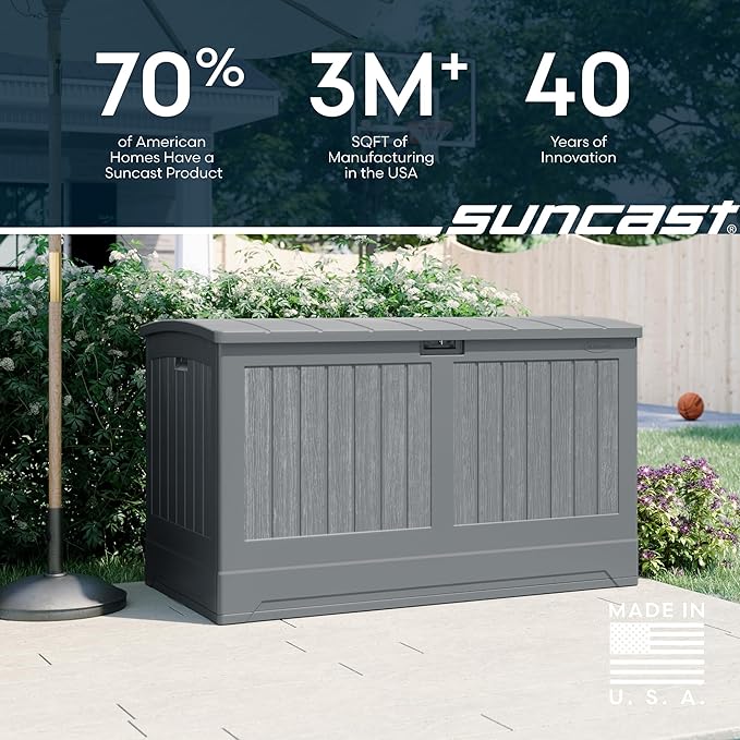 Suncast 200-gal. All-Weather Patio Deck Box, Made in the USA, with Pad-Lockable Lid, Extra-Large Outdoor Storage Unit for Patio Furniture and Grill Tools, Dove Gray Color Suncast