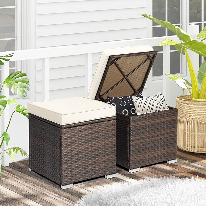 RELAX4LIFE Wicker Outdoor Storage Ottoman, 2-Piece Rattan Footstool w/Removable Cushion, Multipurpose Footrest Stool Side Table Additional Seating, Set of 2 Outdoor Ottomans for Patio Deck (Off White) RELAX4LIFE